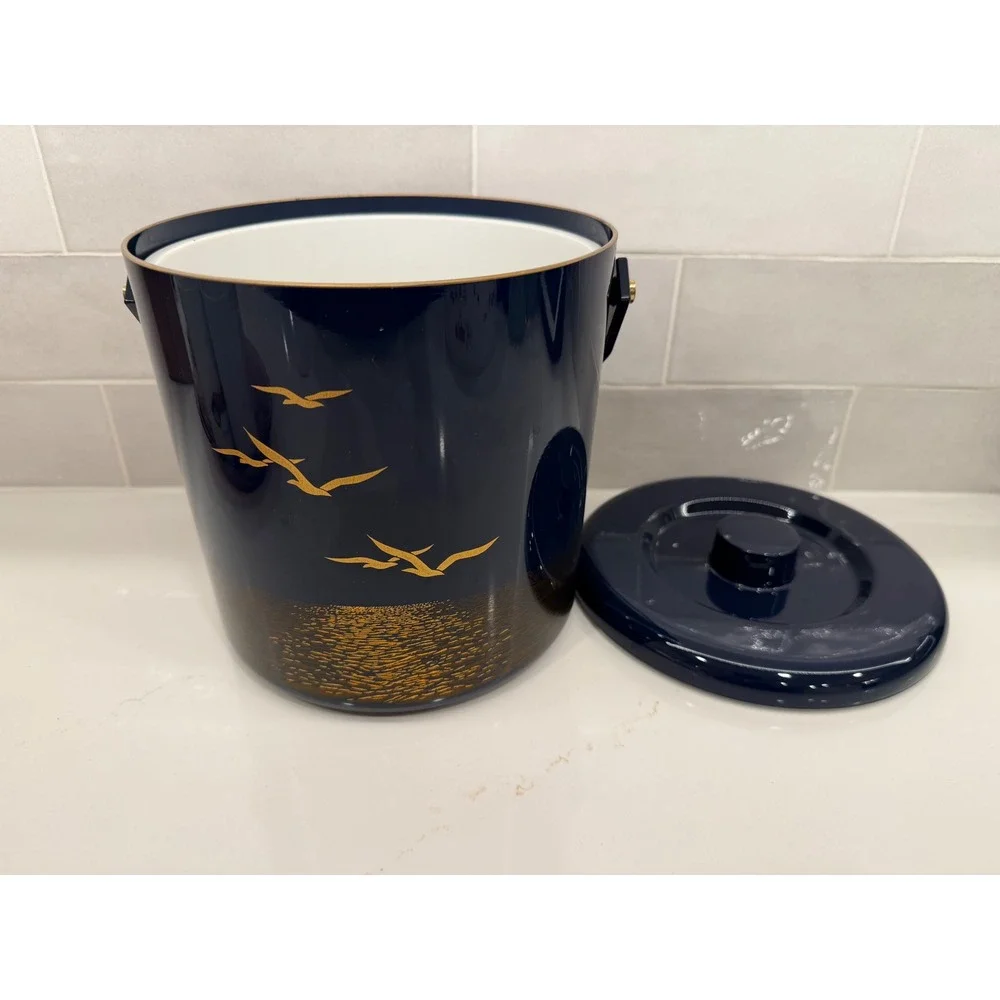 Vintage Otagiri Japan Seagull Ice Bucket Black Gold Lacquer Mid Century Barware‎